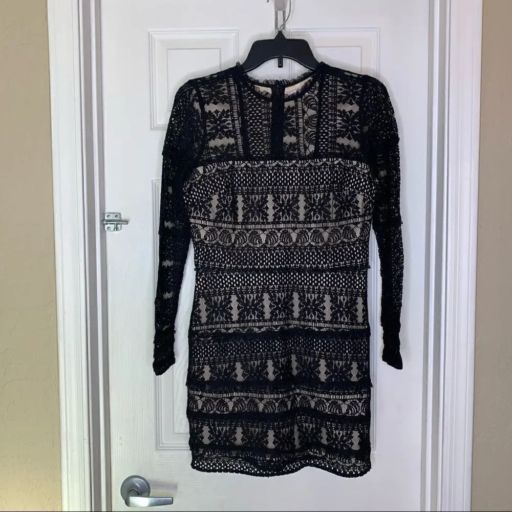 PARKER LACE RUFFLE LONG SLEEVE CONTRAST DRESS BLACK Size Medium